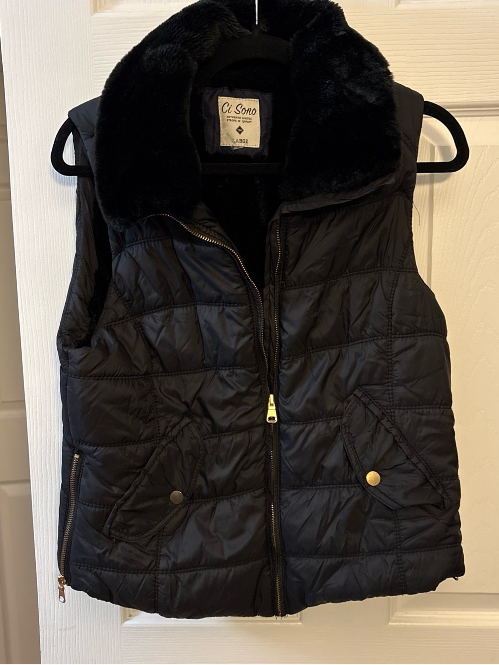 Ci Sono Black Quilted Puffer Vest with Faux-Fur Collar